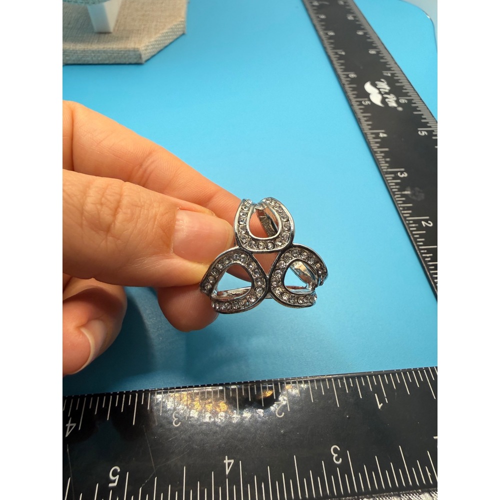 Silver Tone Triple Loop Scarf Ring Clear Rhinestone Accents Geometric Accessory
